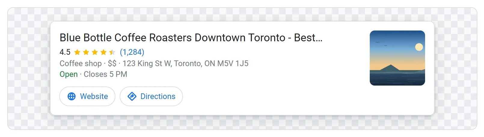 本地搜索条目的商家名称为“Blue Bottle Coffee Roasters Downtown Toronto - Best...”，最后三个词前就被省略号截断。